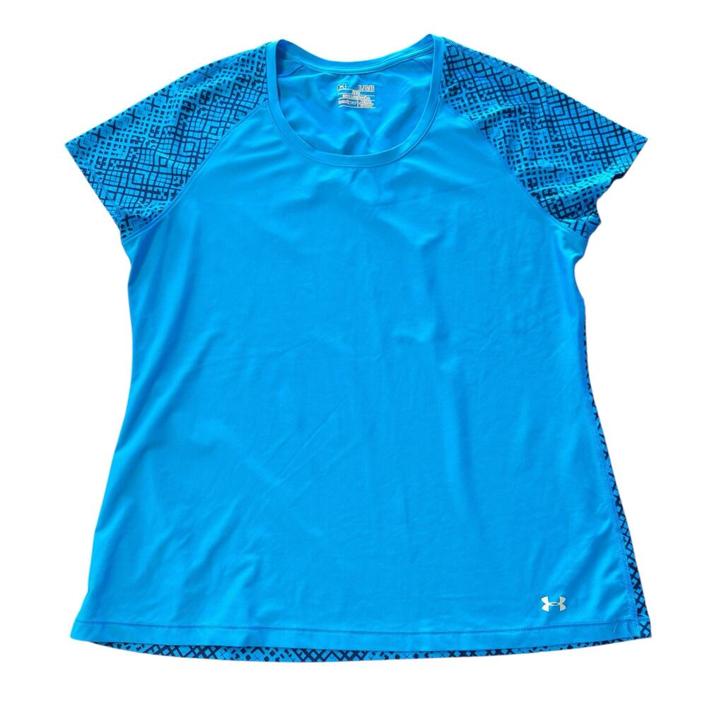 Under Armour Women’s heat gear bright blue, navy patterned, scoopneck tee, XL